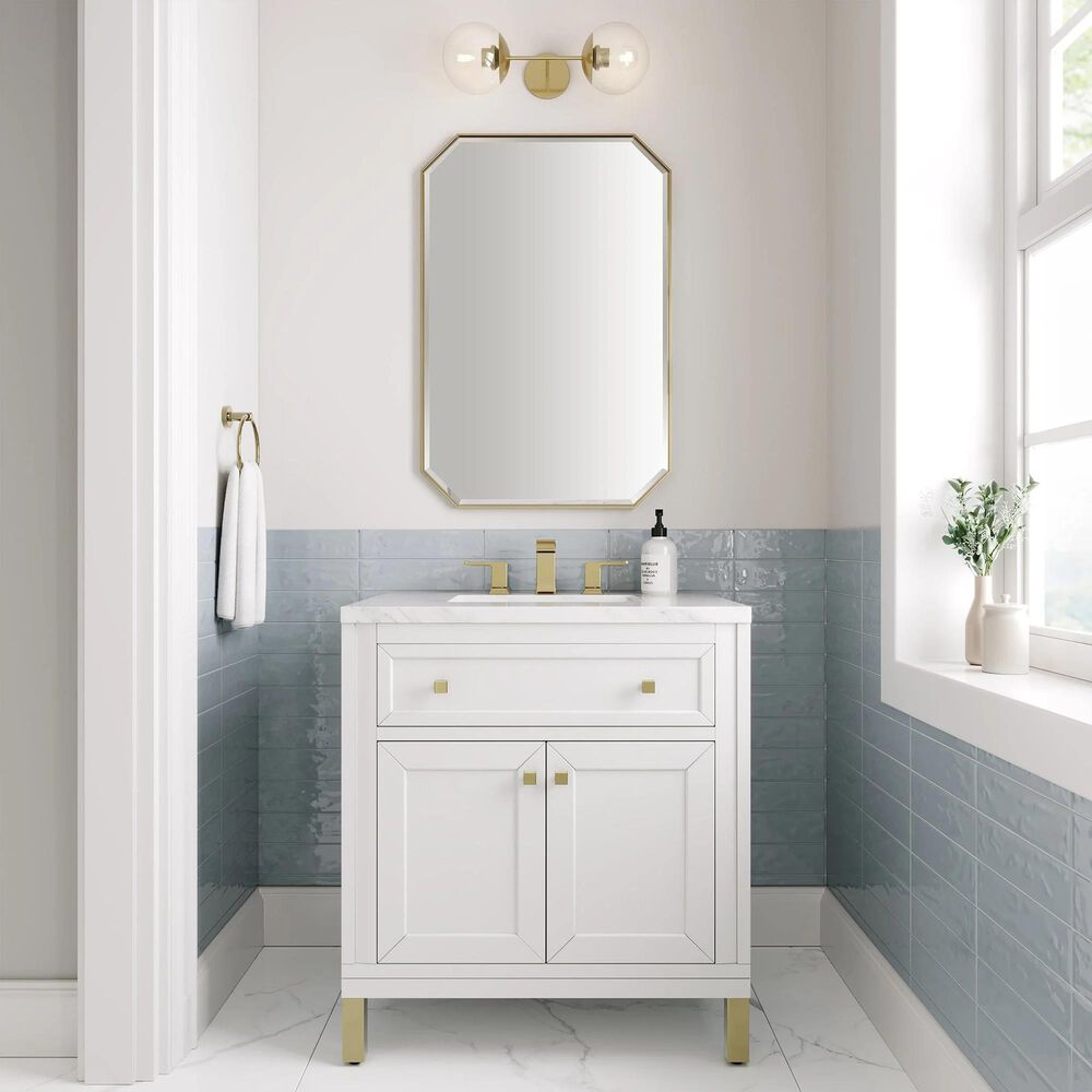 James Martin Vanities Chicago 36&quot; Single Bathroom Vanity in Glossy White with 3 cm Arctic Fall Solid Surface Top and Rectangular Sink, , large