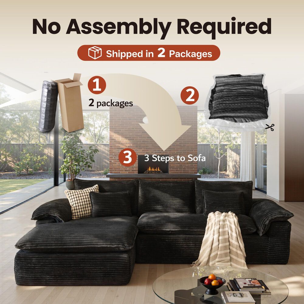 HOMLUX 112" Modern Sectional Sofa with Curved Armrests in Black, , large