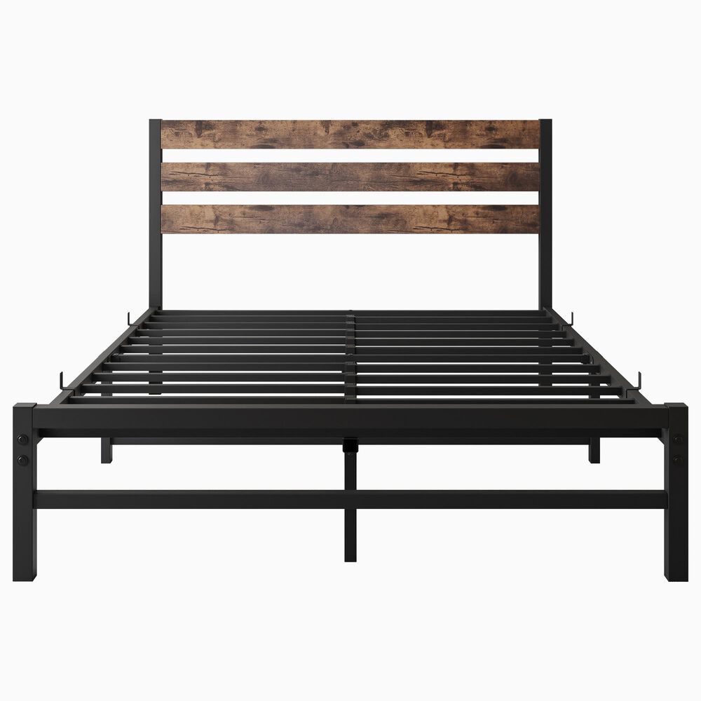 Hearth and Haven Full Platform Bed with Slat Wood Headboard in Black and Rustic Brown, , large