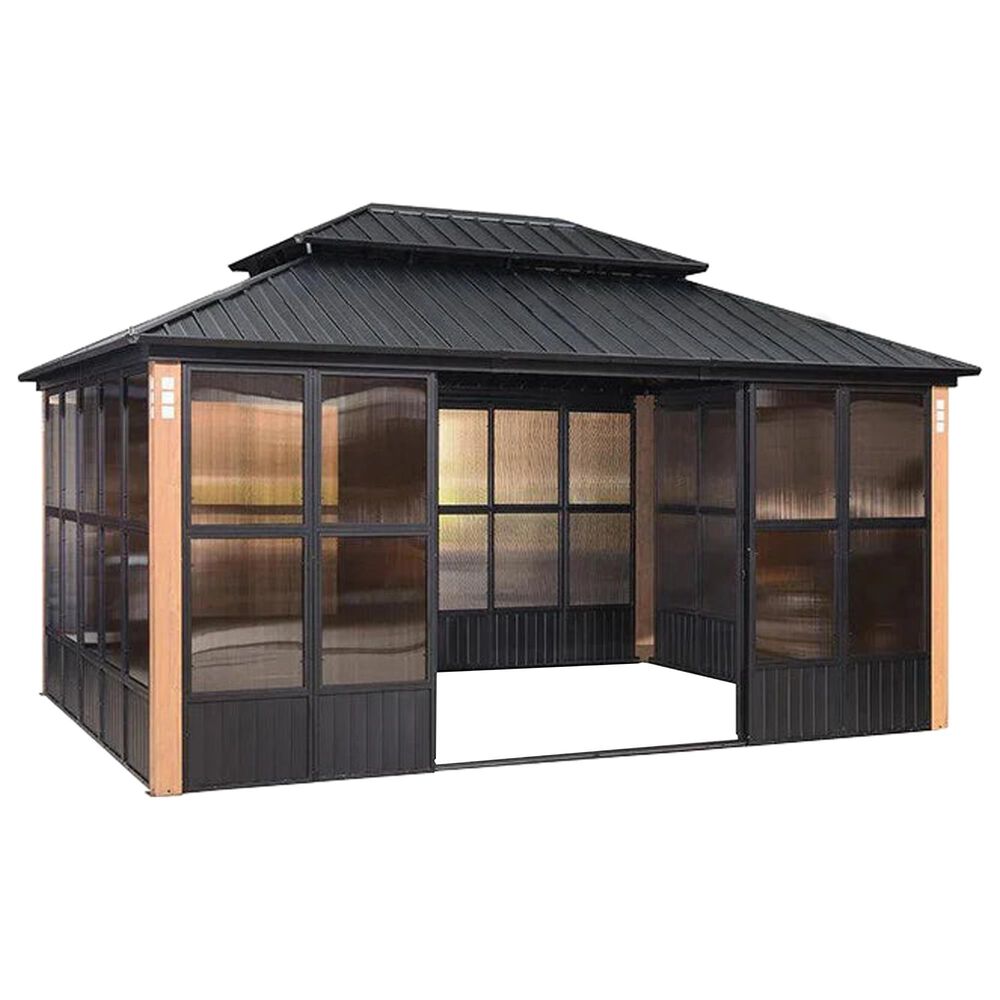 HOMLUX 12" x 16" Outdoor Hardtop Gazebo with Wood Grain Aluminum Frame in Black, , large
