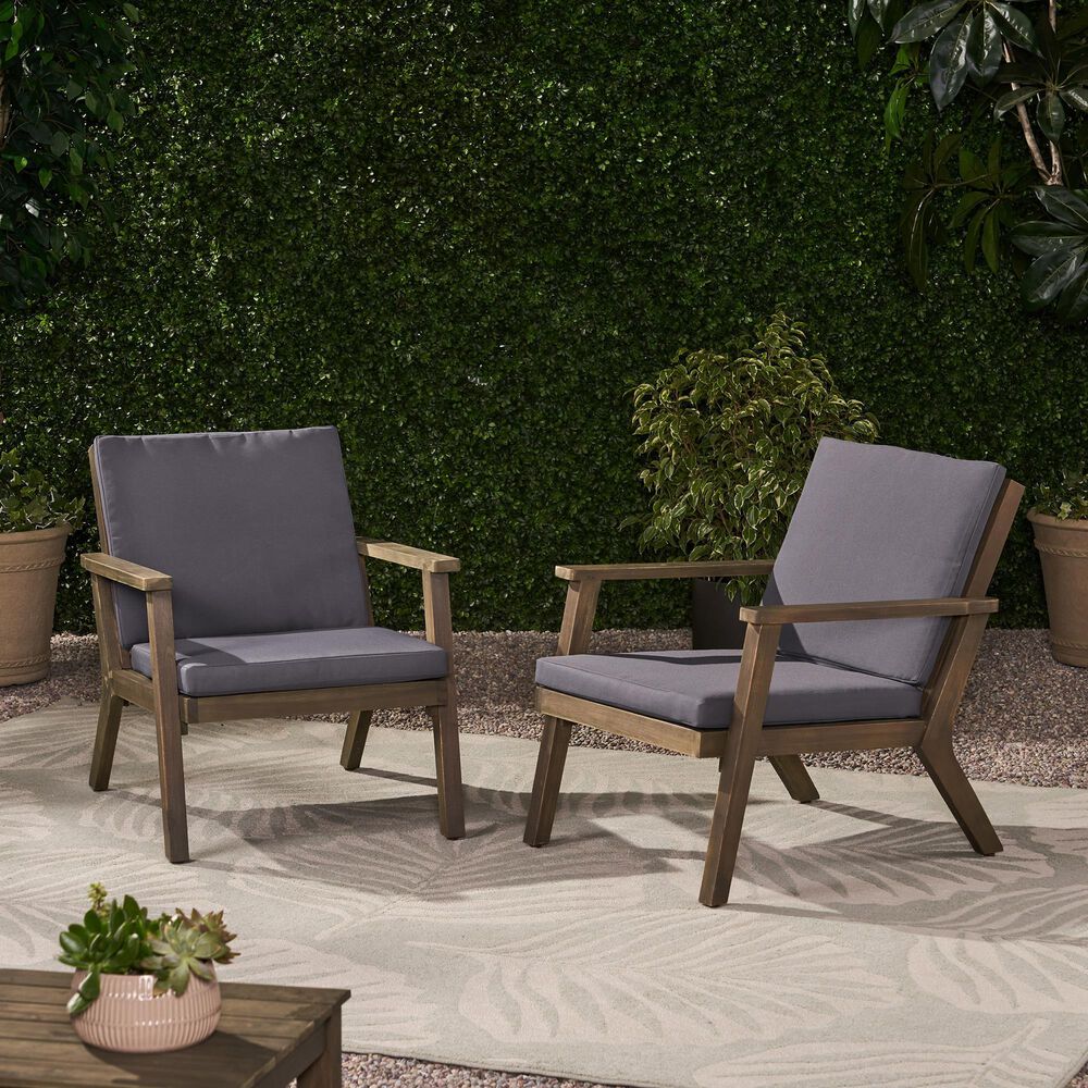 Hearth and Haven Outdoor Acacia Wood Chairs with Open Slatted Backrest and Water-Resistant Cushions in Dark Gray (Set of 2), , large