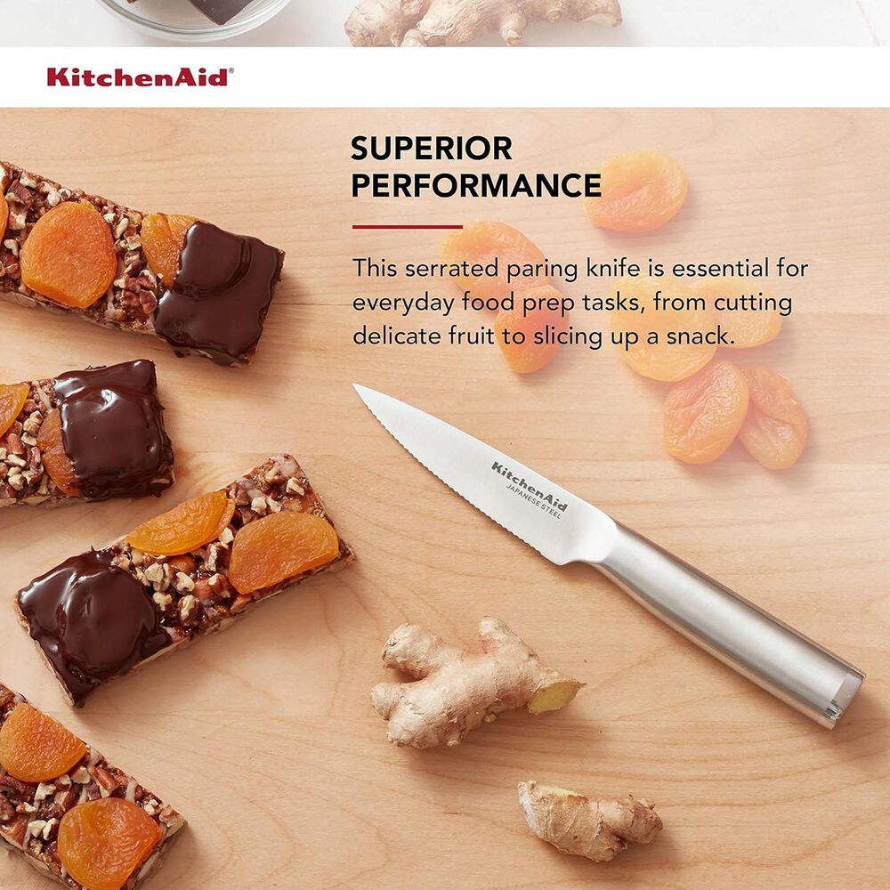 KitchenAid Gourmet 3.5&quot; Serrated Paring Knife with Blade Cover in Stainless Steel and Black, , large