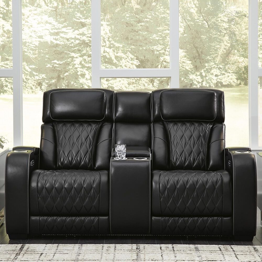 Ashley Boyington Power Reclining Loveseat with Console in Black, , large