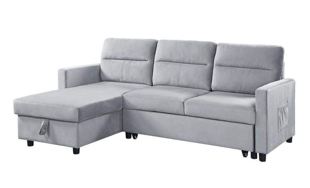 HOMLUX 81.5"W Velvet Reversible Sleeper Sectional Sofa with Storage & Side Pocket, in Light Grey, , large