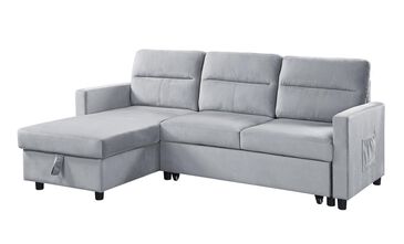 HOMLUX 81.5"W Velvet Reversible Sleeper Sectional Sofa with Storage & Side Pocket, in Light Grey, , large