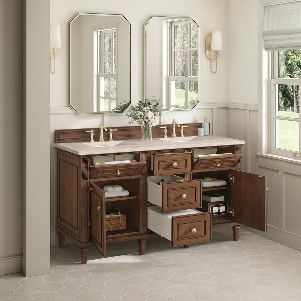 James Martin Vanities Lorelai 60&quot; Double Vanity in Mid-Century Walnut with 3 cm Eternal Marfil Quartz Top, , large