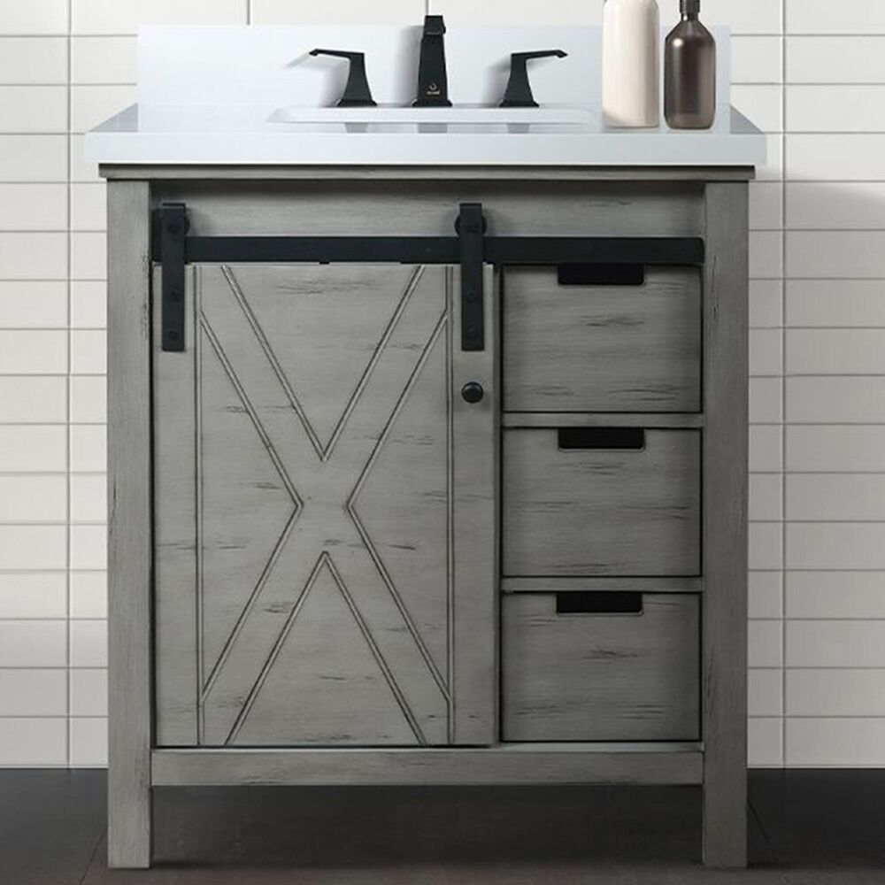 Lexora Home Marsyas 30&quot; Single Bathroom Vanity in Ash Grey with White Quartz Top and Rectangular Sink, , large