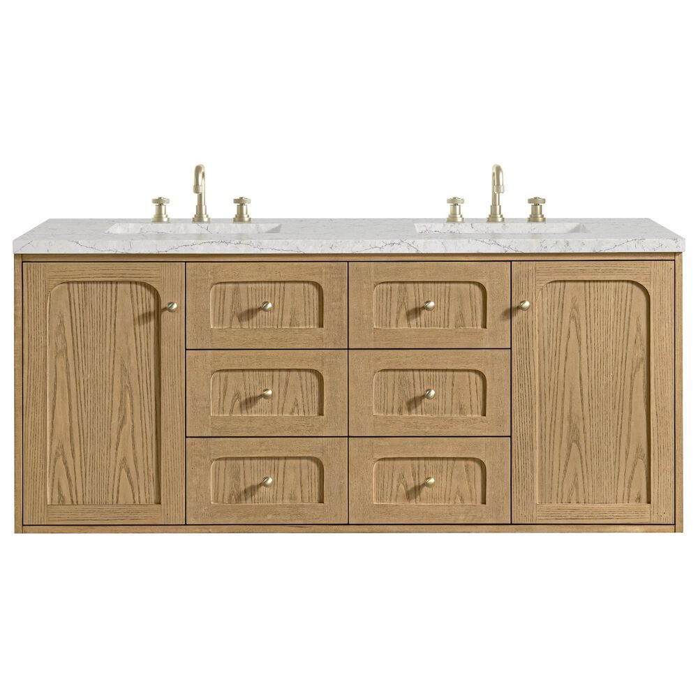 James Martin Vanities Laurent 60" Double Bathroom Vanity in Light Natural Oak with 3 cm Ethereal Noctis Silestone Top, Rectangular Sinks and FreePower Wireless Charger, , large