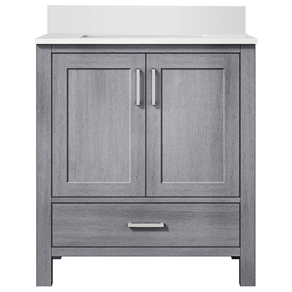 Lexora Home Jacques 30&quot; Single Bathroom Vanity in Distressed Grey with 2 cm White Cultured Marble Top and Rectangular Sink, , large
