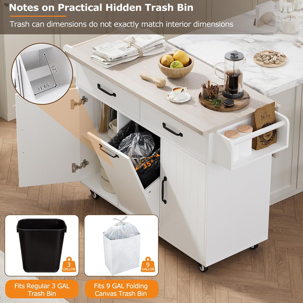 HOMLUX 44" Kitchen Island with Trash Can Storage Cabinet in White, , large
