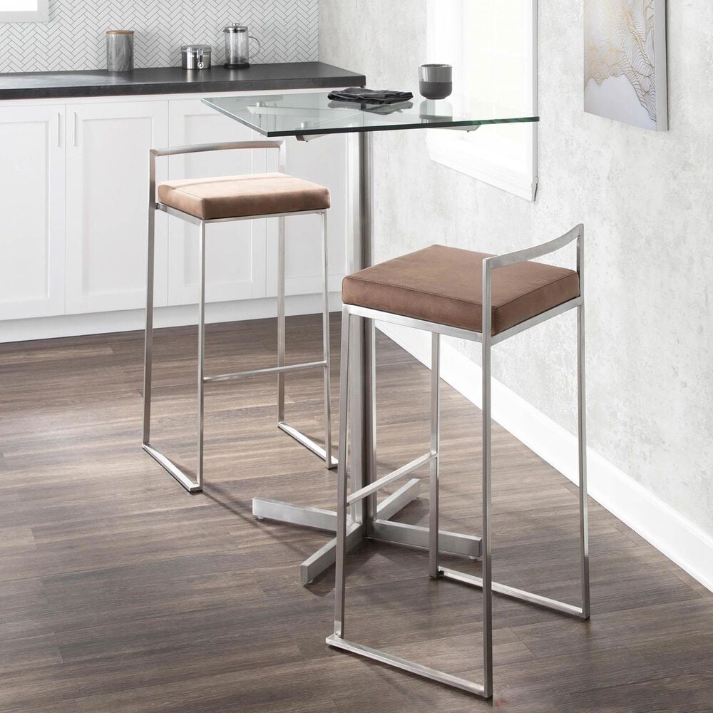 LumiSource Fuji 30" Stacker Bar Stool with Brown Cowboy Upholstery in Stainless Steel (Set of 2), , large