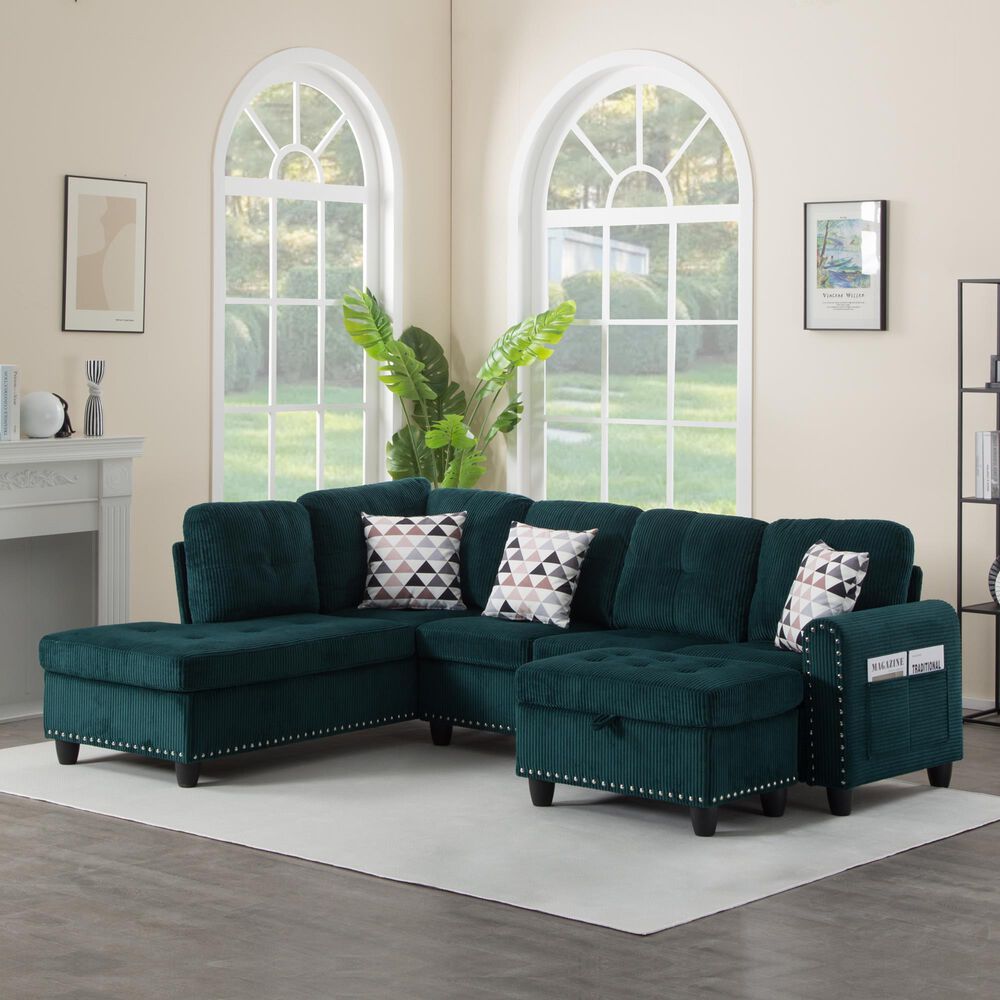 HOMLUX 94.49" L-Shaped Modular Sectional Sofa with Storage Ottoman and Cup Holders in Green, , large