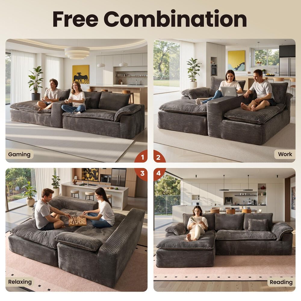 HOMLUX 112" Modern Sectional Sofa with Curved Armrests in Gray, , large