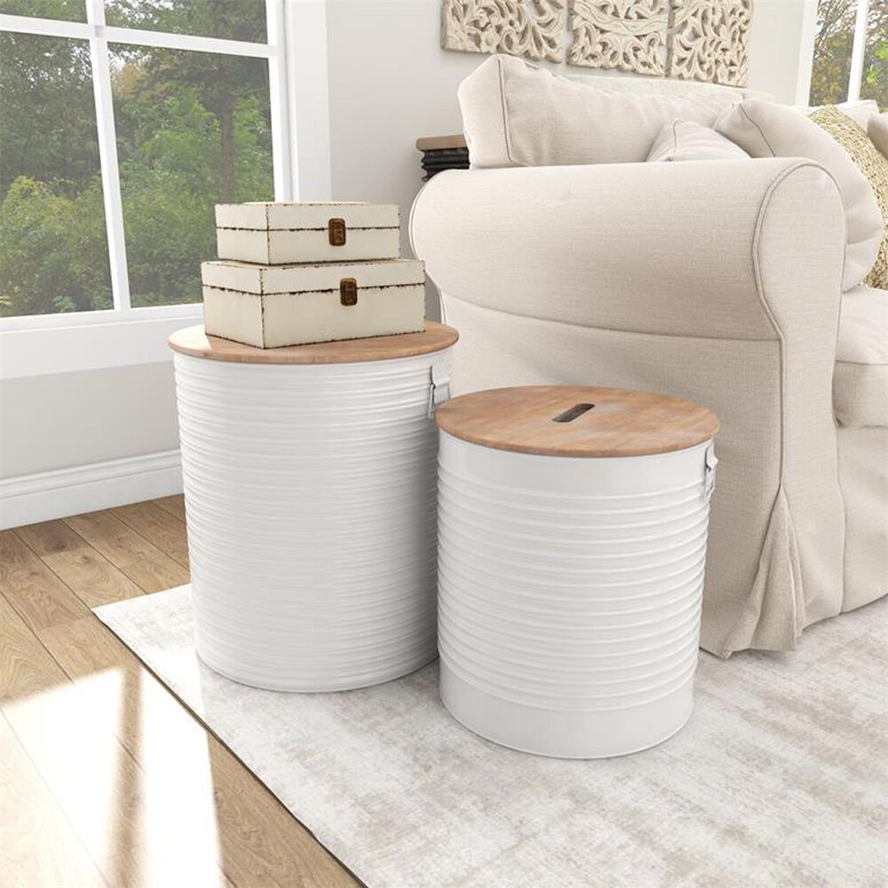 Maple and Jade 2-Piece Metal Storage Side Table Set with Wood Top in Polished White and Dark Brown, , large