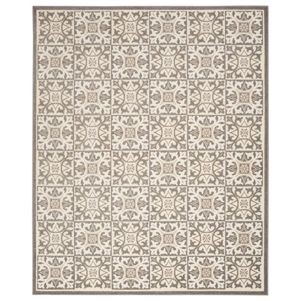 Nourison Aloha Damask 7"10" x 10"6" Ivory and Grey Indoor/Outdoor Area Rug, , large