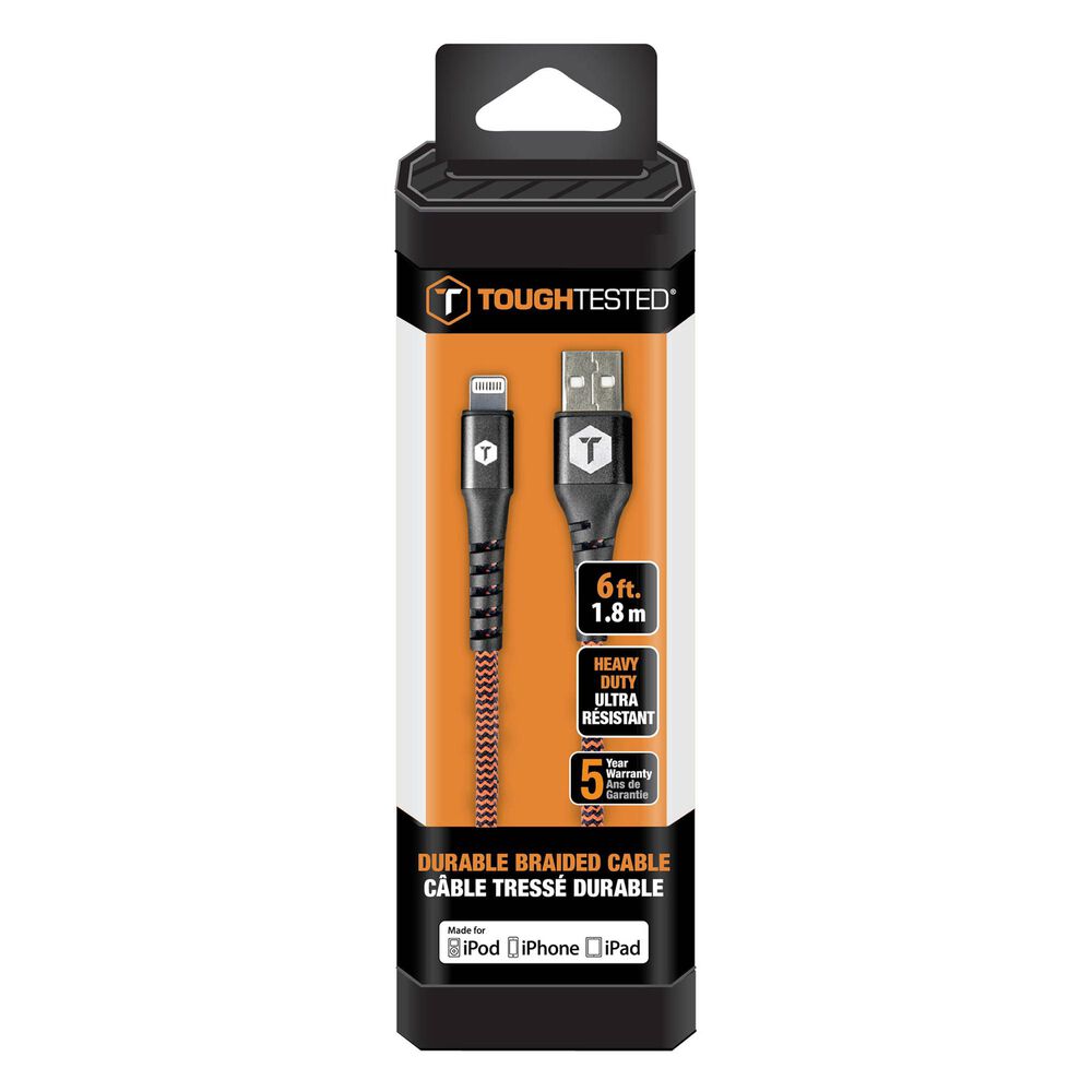 ToughTested Durable Braided 6" USB Cable with Lightning Connector, , large