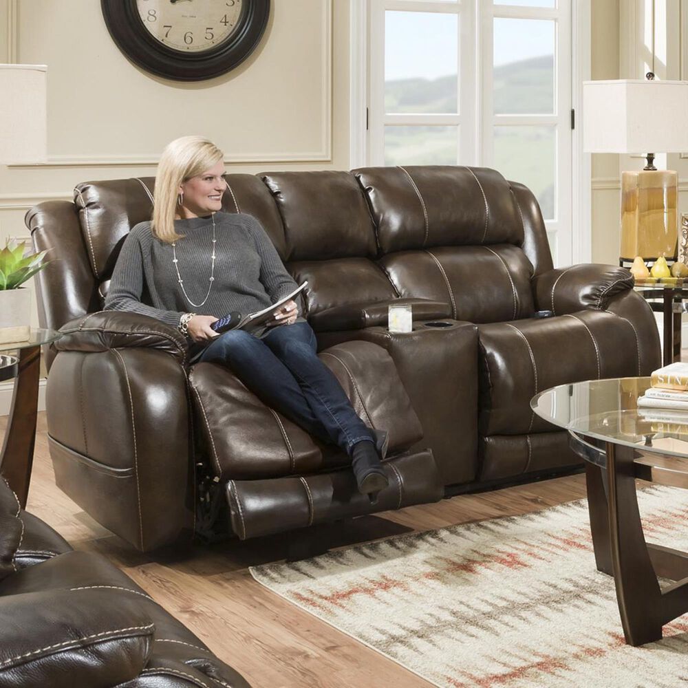 HomeStretch Palmer Leather Power Reclining Loveseat with Headrest and Lumbar in Walnut, , large
