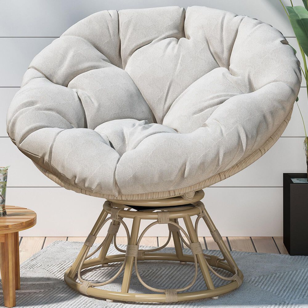 Hearth and Haven Mia Papasan Outdoor Swivel Chair with Beige Cushion in Brown, , large