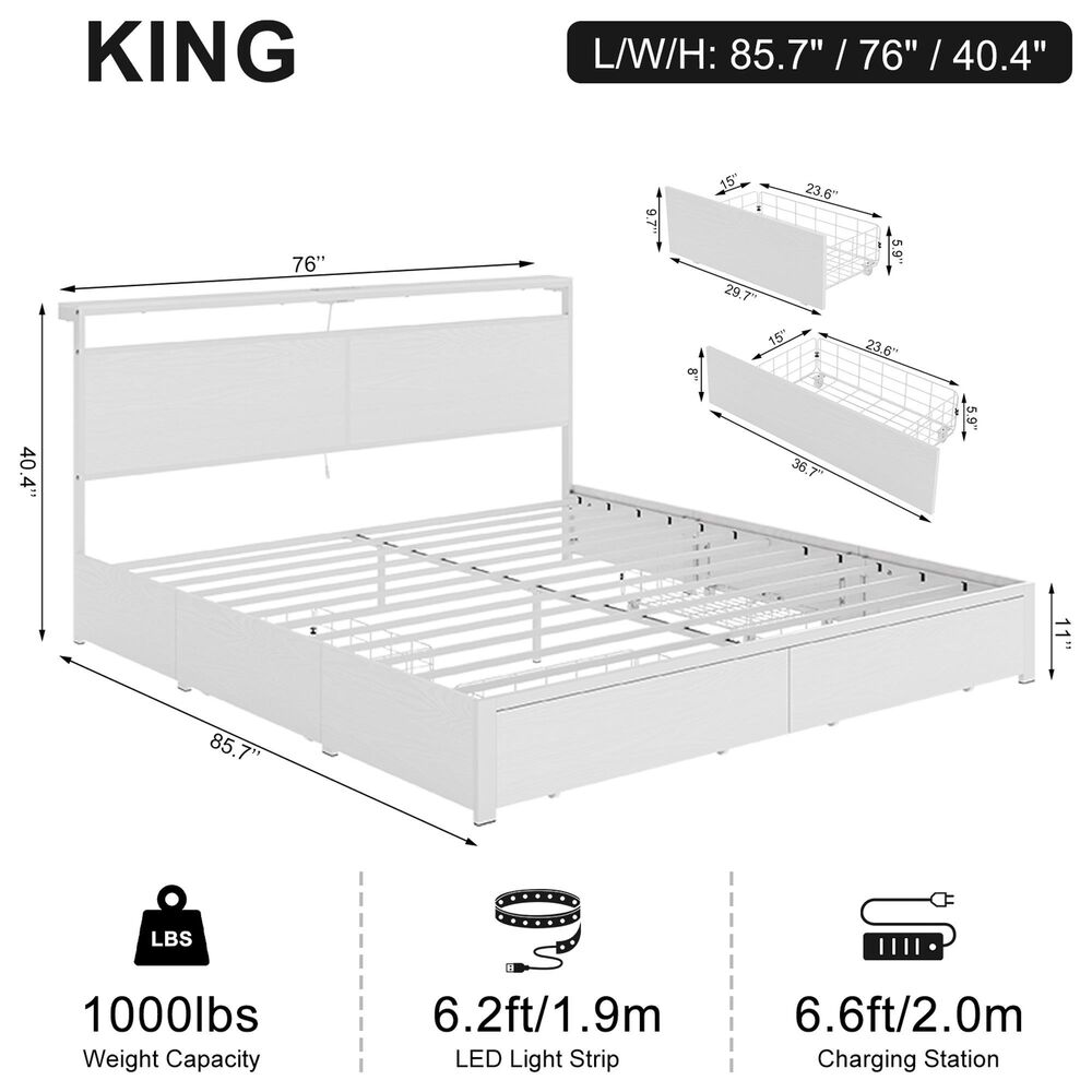 HOMLUX King 4-Drawer Storage Bed with LED Headboard and Charging Station in White, , large