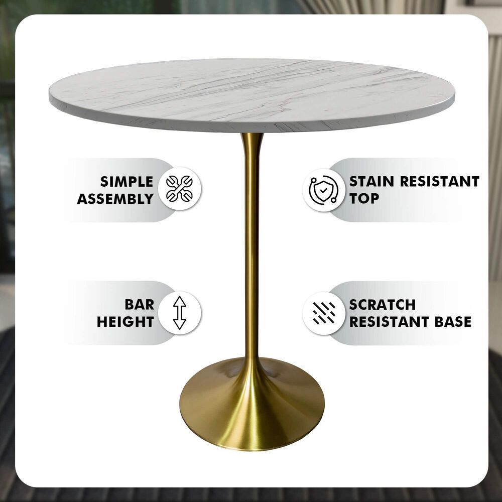 Leisuremod Verve 48&quot; Round Bar Height Dining Table with Resin Top in Brushed Gold and White - Table Only, , large