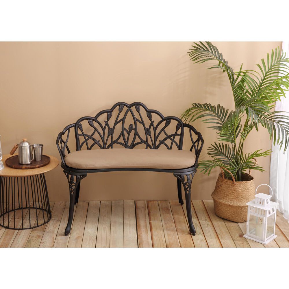 Hearth and Haven Outdoor Tulip Garden Bench with Brown Cushion in Black, , large