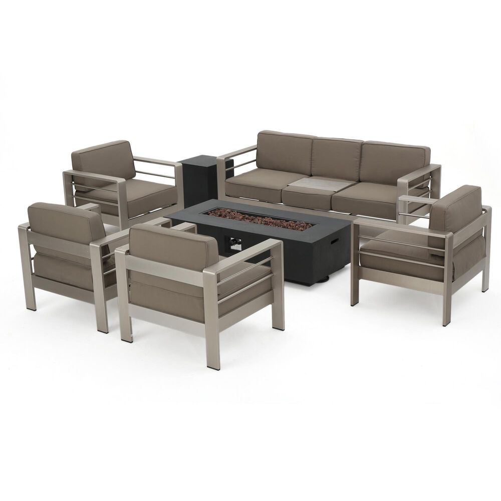 Noble House Cape Coral 7-Piece Patio Fire Pit Chat Set in Dark Gray and Khaki, , large