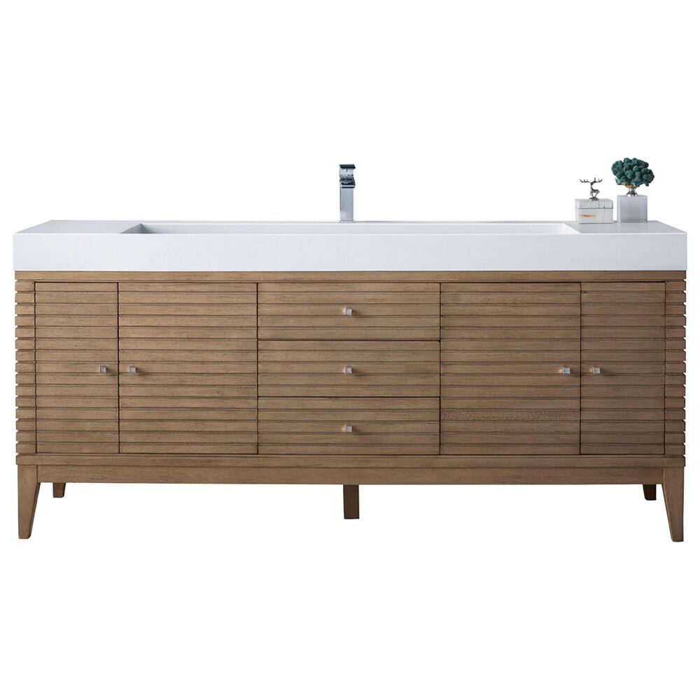 James Martin Vanities Linear 72" Single Bathroom Vanity in Whitewashed Walnut with 10 cm Glossy White Solid Surface Top and Rectangular Sink, , large