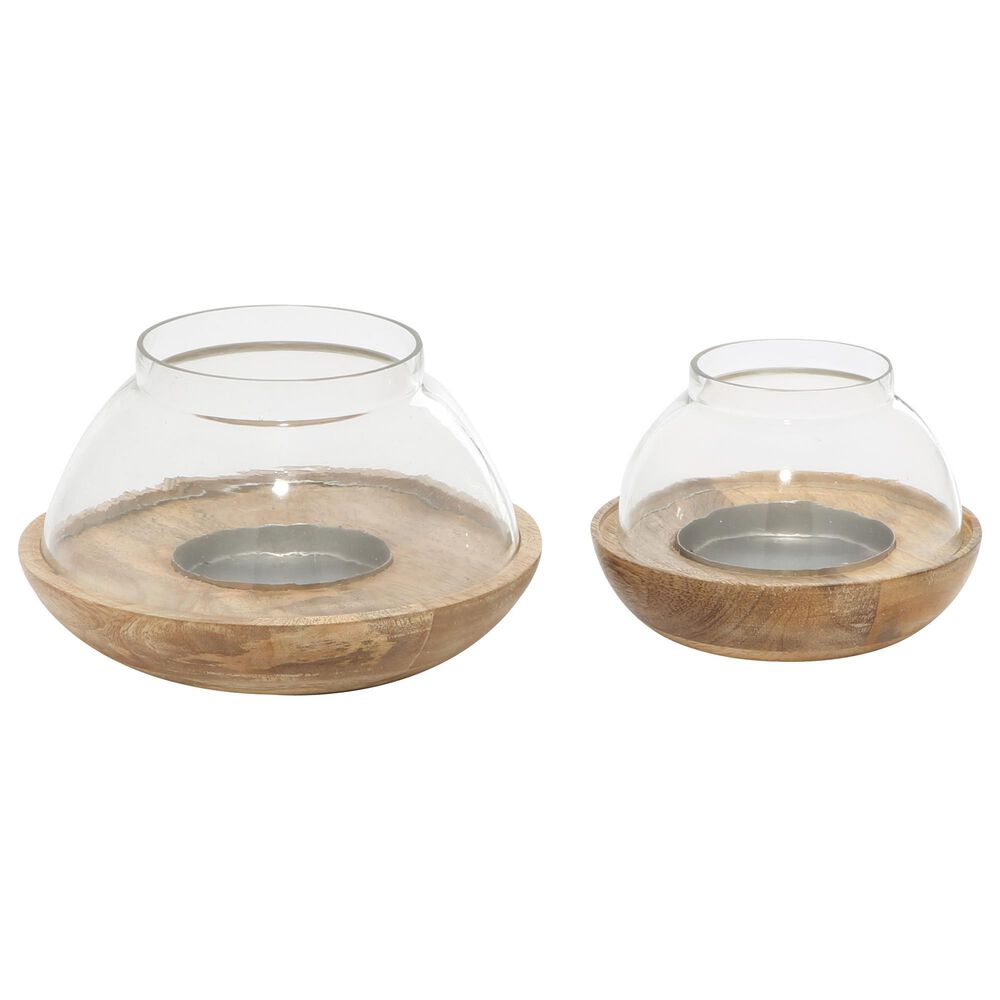 Wood and Glass Candle Holders in Natural Brown (Set of 2), , large