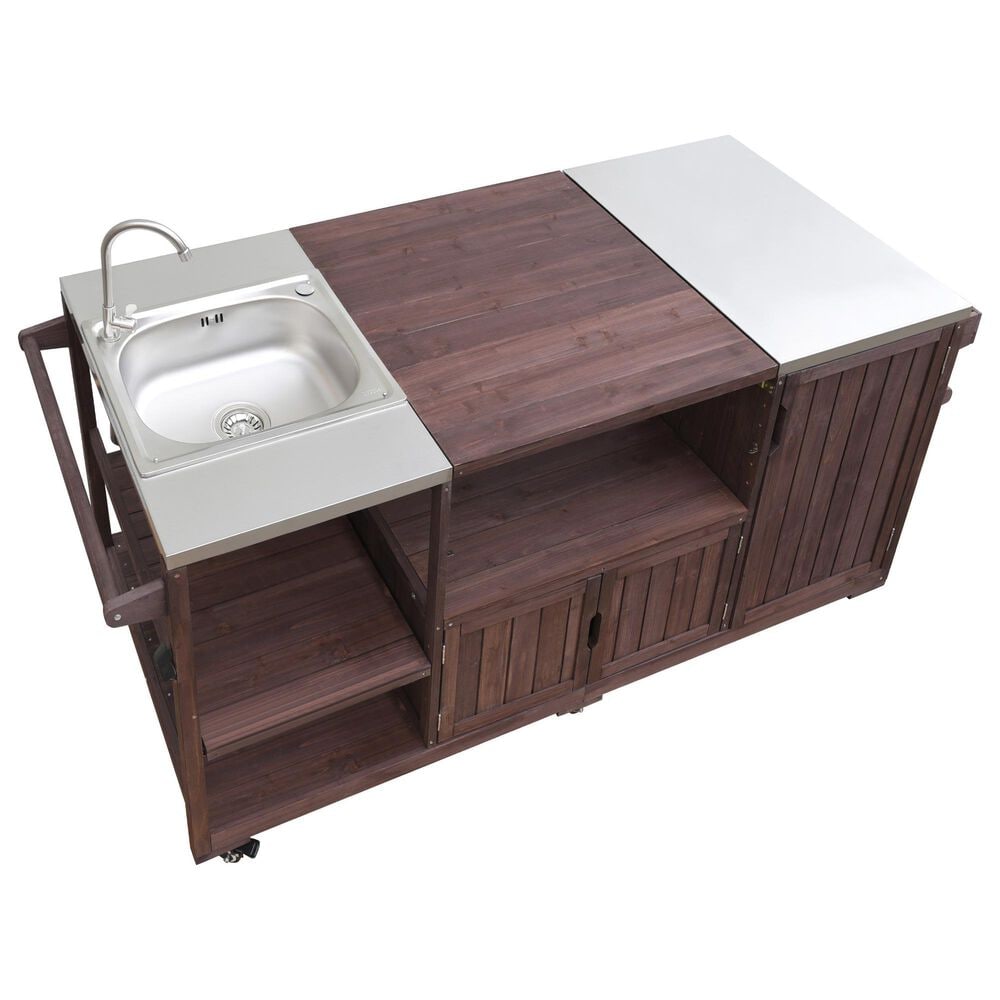 HOMLUX 75.4" Outdoor Kitchen Island with Sink, Solid Wood Outdoor Grill Cart for XL Green Egg Grills, Rolling Outdoor Bar Cart with Stainless Steel Top, for Pizza Prep &amp; BBQ, Brown, , large