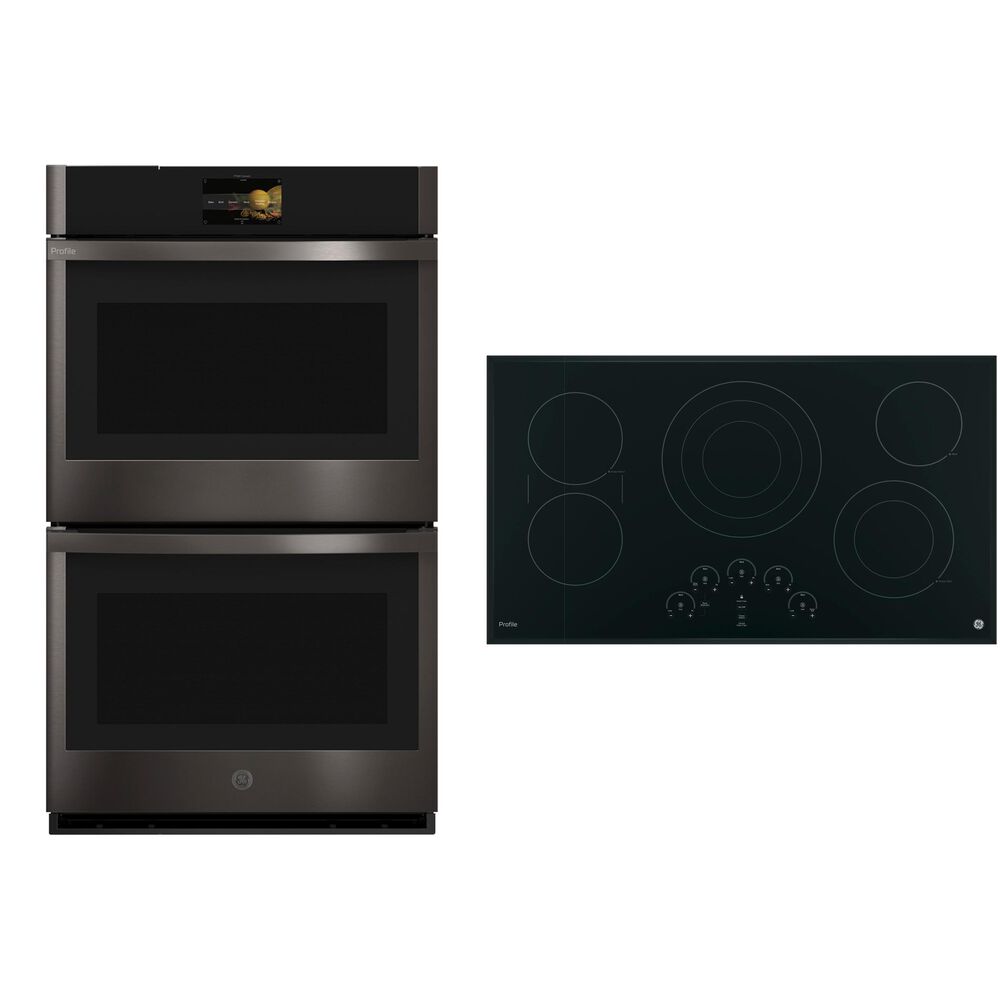 GE Profile 36" Electric Cooktop with 30" Convection Double Wall Oven in Black Stainless Steel, , large
