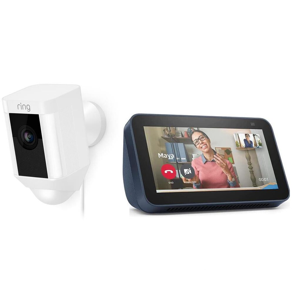 Ring Spotlight Cam Wired in White with Deep Sea Blue Echo Show 5 Smart Display, , large