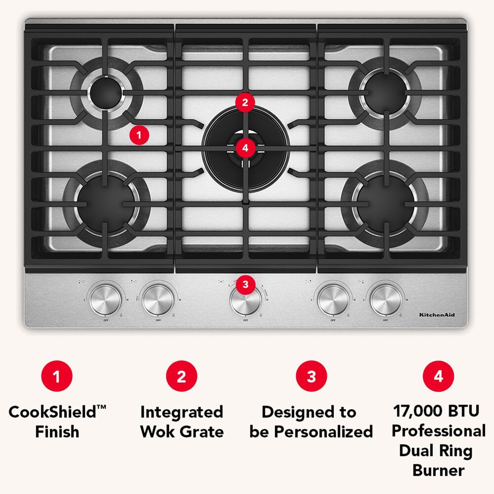 KitchenAid 30" Gas Cooktop with Aluminum Griddle and LED Backlit Knobs in Stainless Steel, , large