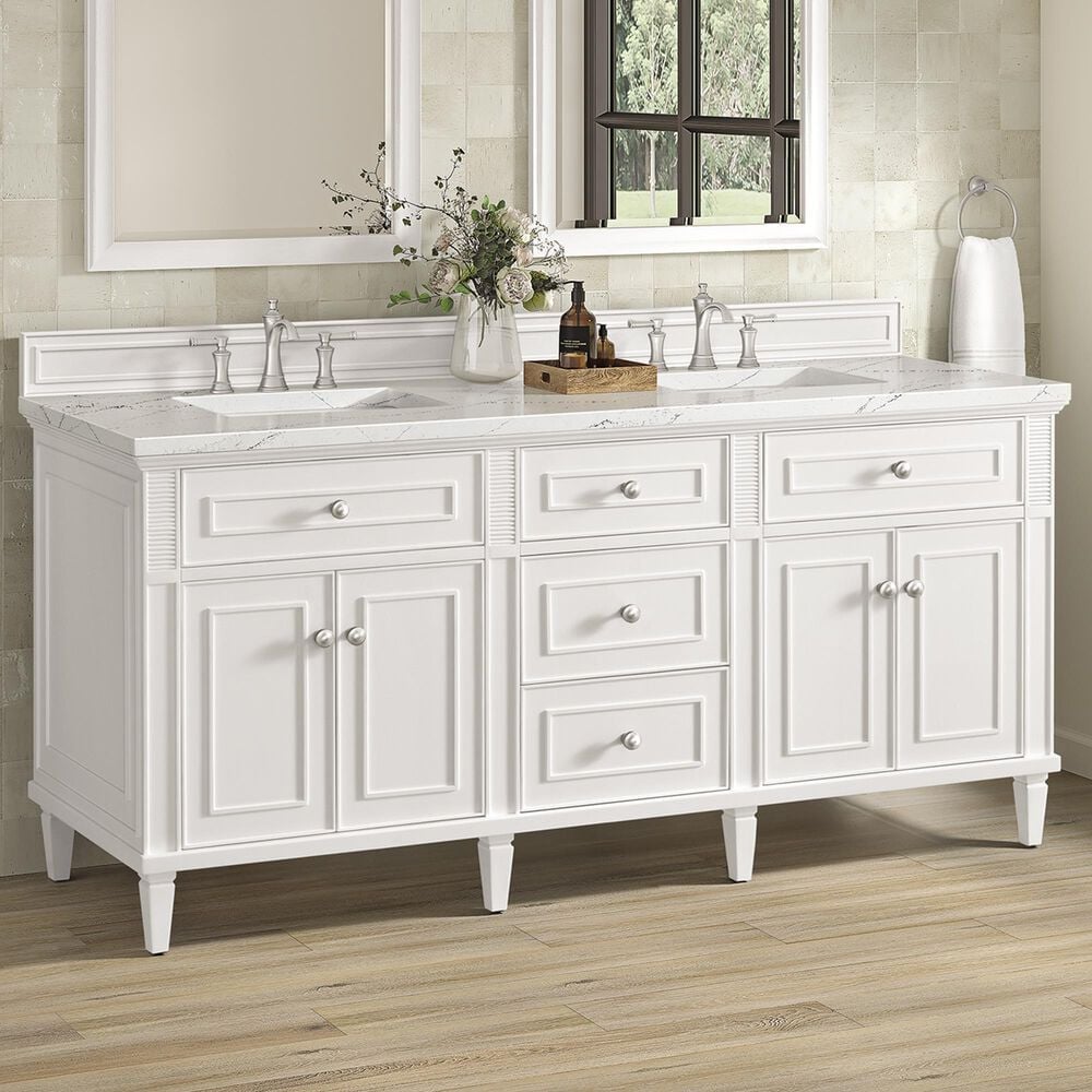 James Martin Vanities Lorelai 72&quot; Double Vanity in Bright White with 3 cm Ethereal Noctis Quartz Top, , large