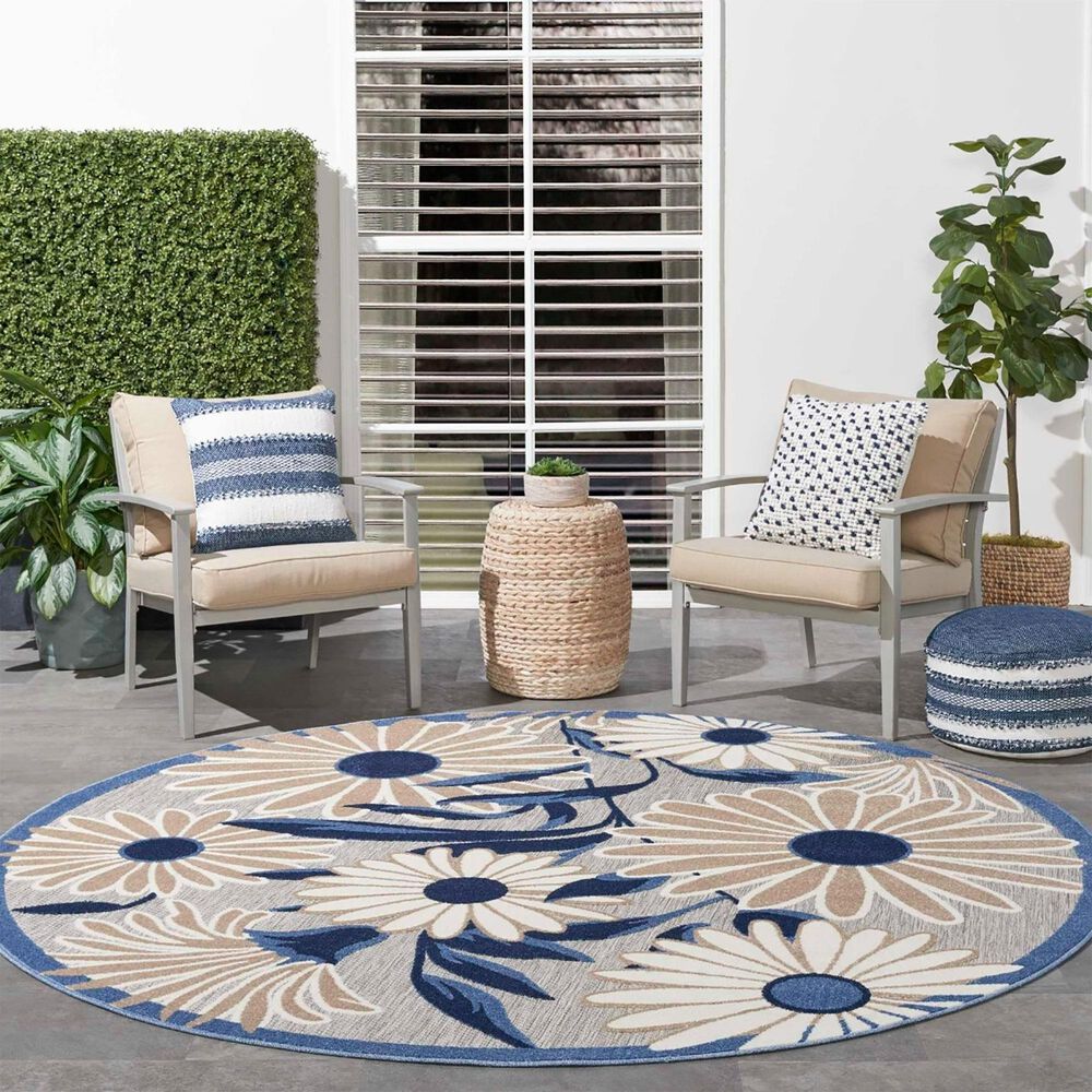 Nourison Aloha 5&#39;3&quot; Round Blue and Grey Indoor/Outdoor Area Rug, , large
