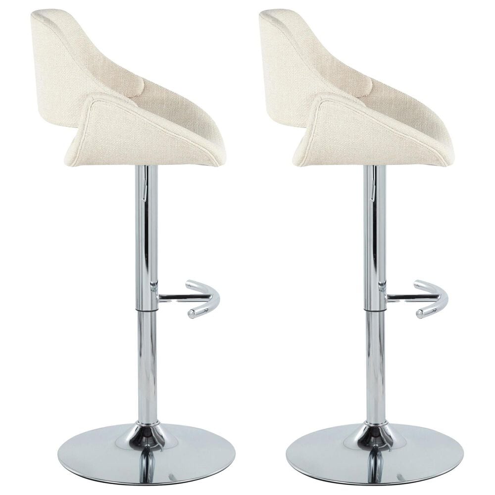 LumiSource Fabrico Swivel Adjustable Bar Stool with Cream Noise Fabric Upholstery and Rounded T Footrest in Chrome (Set of 2), , large