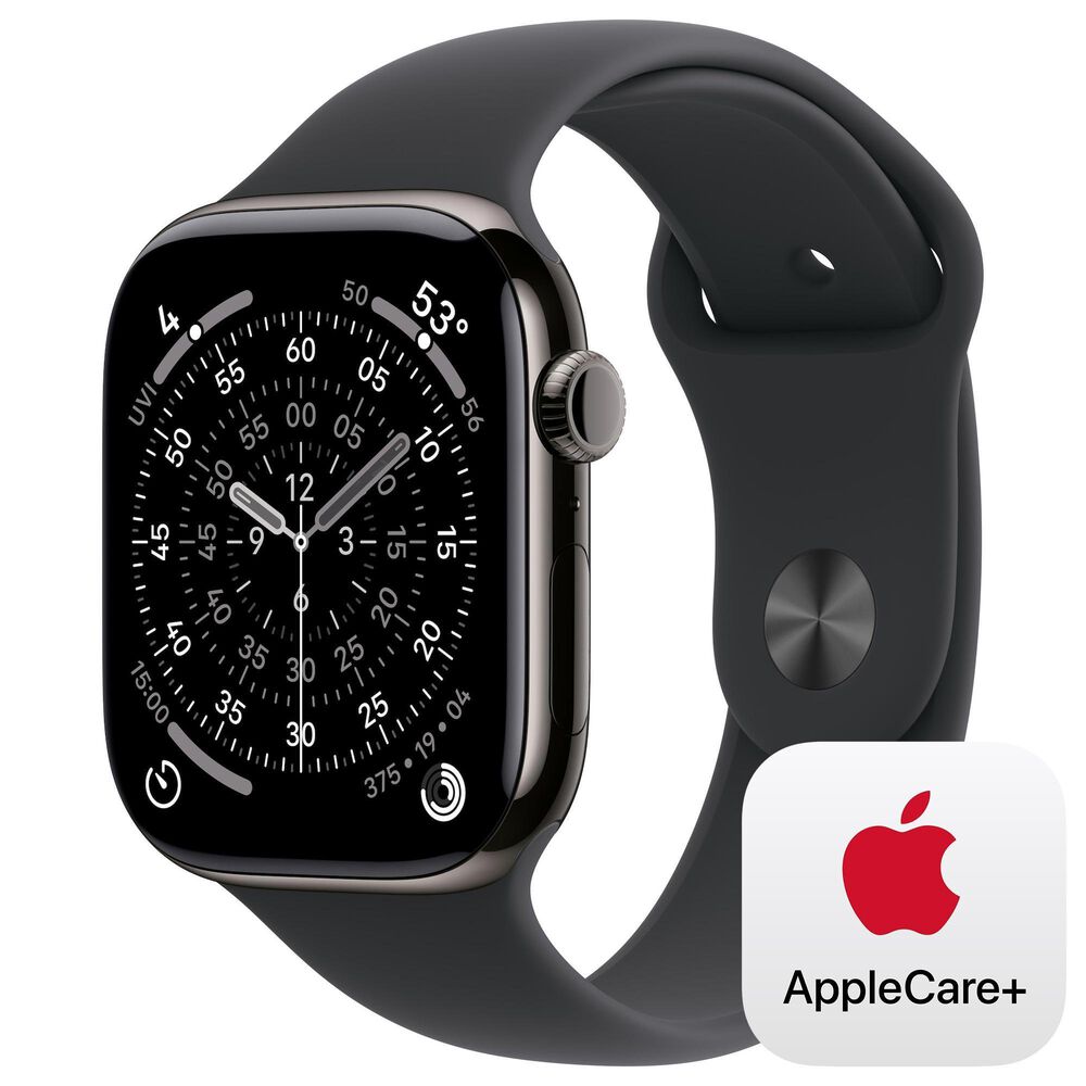 Apple Watch Series 11 (GPS+Cellular) 46mm Titanium Case with Black Sport Band - M/L in Slate and 2-Year AppleCare+, , large
