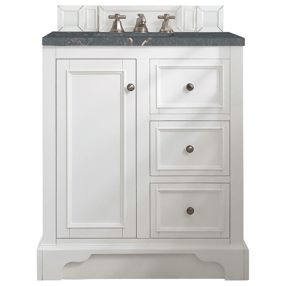 James Martin Vanities De Soto 30" Single Bathroom Vanity in Bright White with 3 cm Parisien Bleu Quartz Top and Rectangular Sink, , large