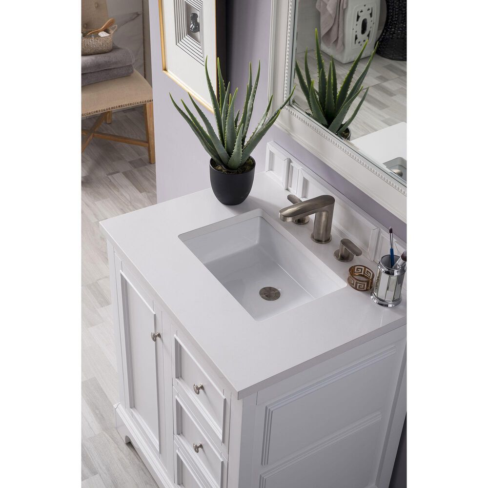 James Martin Vanities De Soto 30&quot; Single Bathroom Vanity in Bright White with 3 cm White Zeus Quartz Top and Rectangular Sink, , large