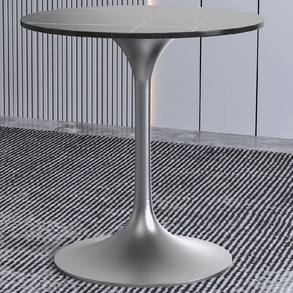 Leisuremod LeisureMod Verve Collection 27 Round Dining Table, Brushed Chrome Base with Sintered Stone Black Top, , large