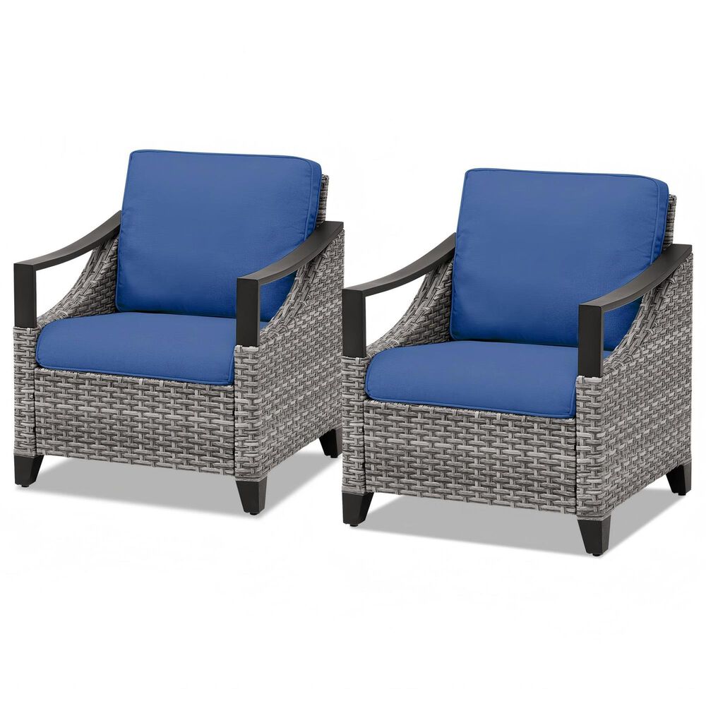 Sunwell Garden Patio Stationary Chair with Gray Frame and Metal Armrests in Navy (Set of 2), , large