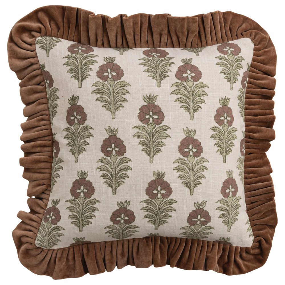 Creative Coop Cozy 18" Square Floral Throw Pillow with Mustard Velvet Ruffle in Olive Green, Deep Brown and Ivory, , large