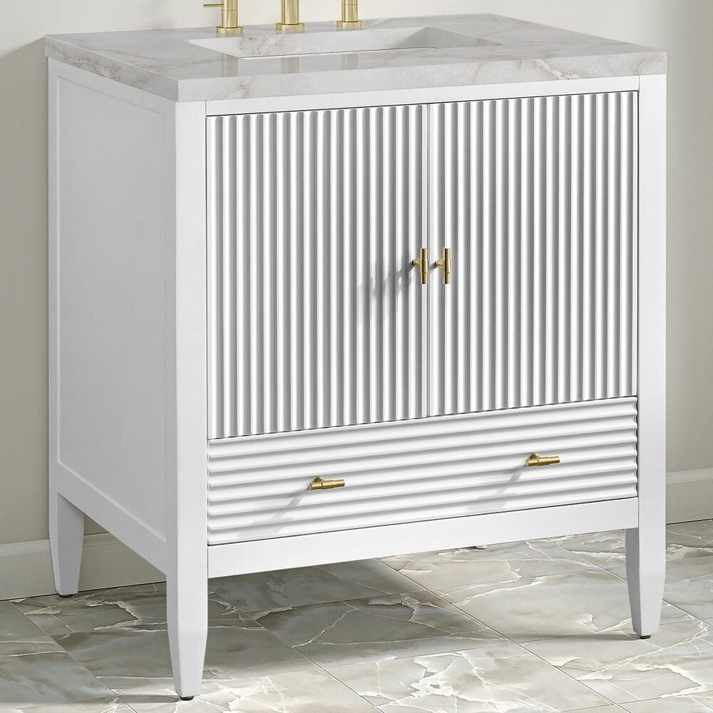 James Martin Myrrin 30" Single Bathroom Vanity in Bright White with 3 cm Victorian Silver Silestone Top and Rectangular Sink, , large