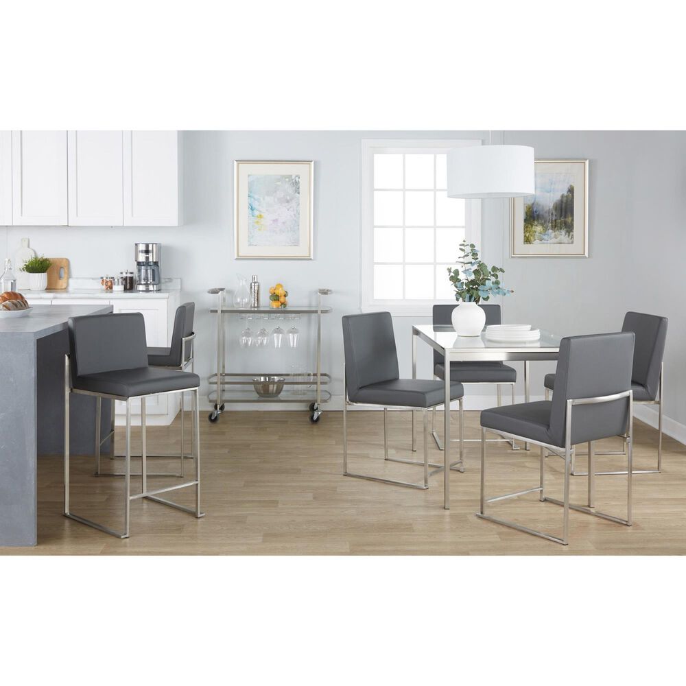 Lumisource Fuji Stackable Counter Stool with Grey Faux Leather Cushion in Brushed Stainless Steel &#40;Set of 2&#41;, , large