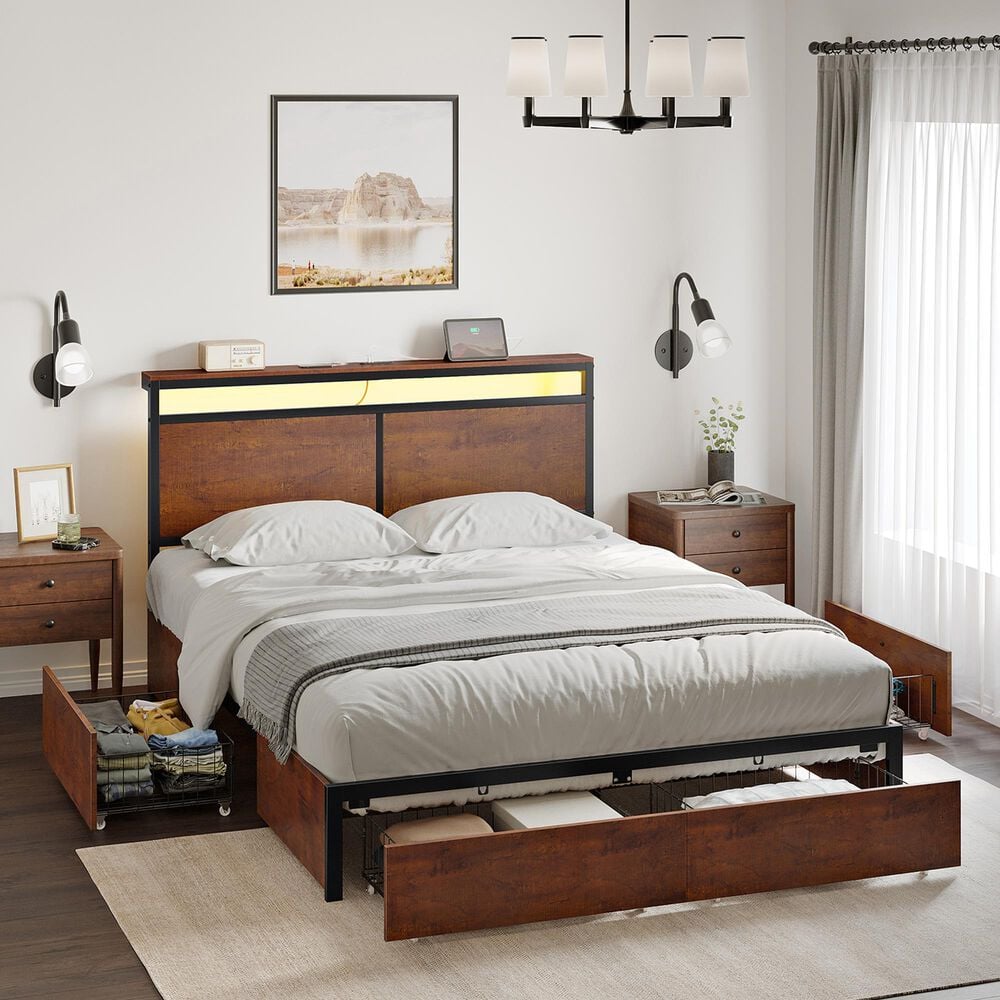 HOMLUX Full 4-Drawer Storage Bed with LED Headboard in Rustic Brown, , large
