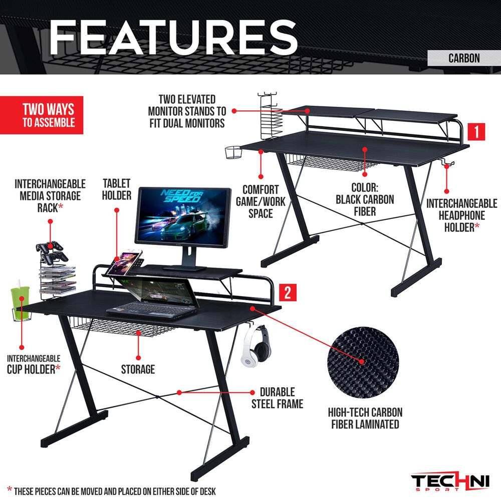 Rta Products Llc Carbon Computer Gaming Desk with Shelving in Black, , large