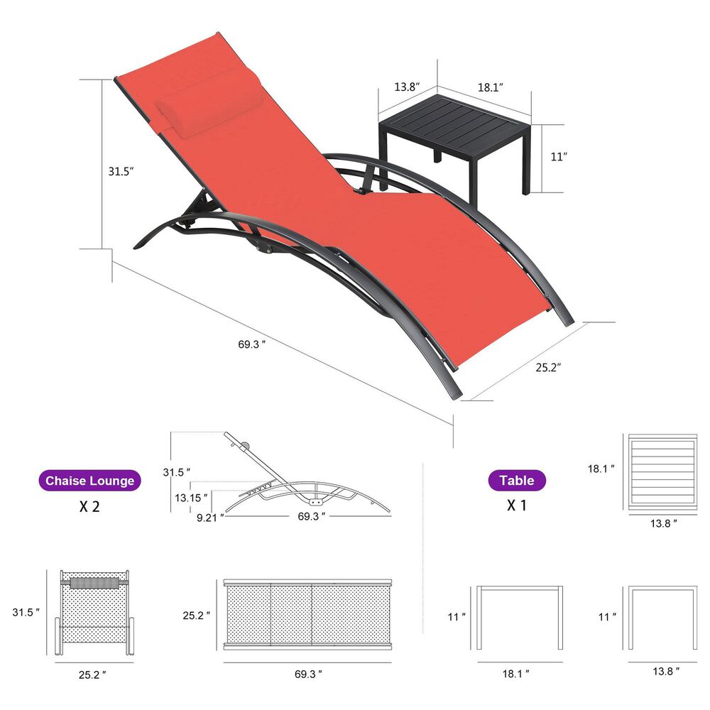 HOMLUX 3-Piece Standard Patio Chaise Lounge Set in Terra, , large