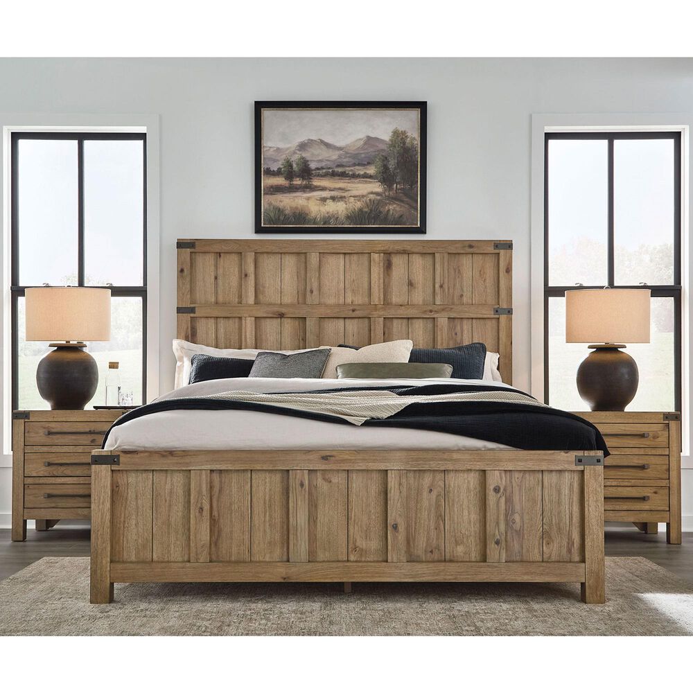 Millenium Ridgester King Panel Bed with Two Nightstands in Light Brown with USB Ports, , large