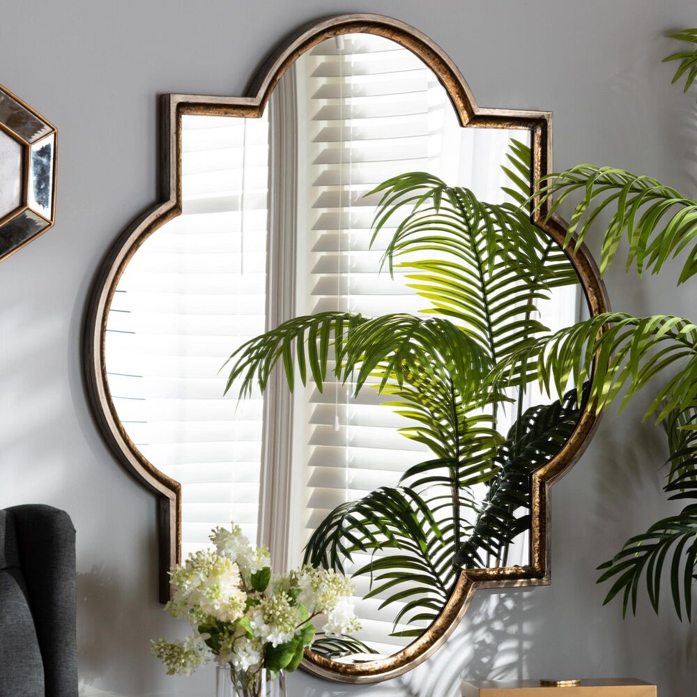 Baxton Studio Tiana Quatrefoil Accent Wall Mirror in Antique Bronze and Gold, , large