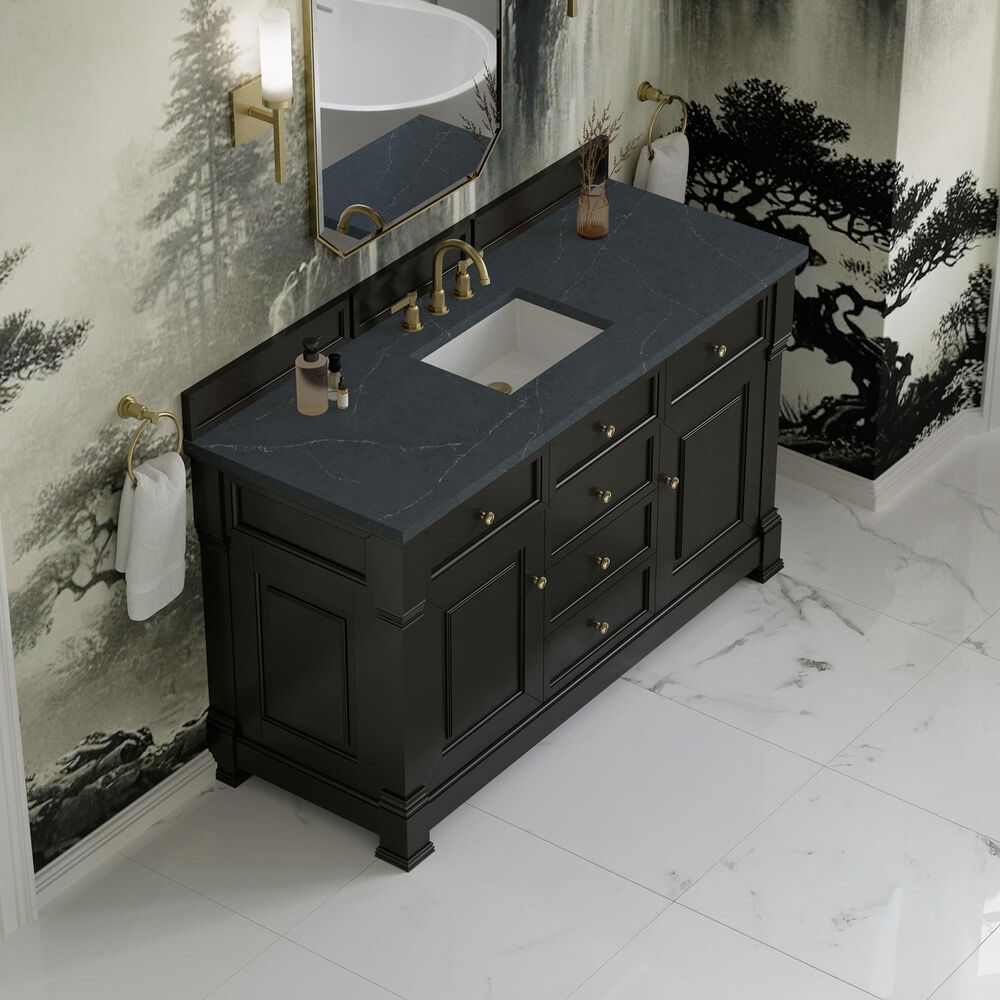 James Martin Vanities Brookfield 60&quot; Single Bathroom Vanity in Black Onyx with 3 cm Charcoal Soapstone Quartz Top and Rectangular Sink, , large