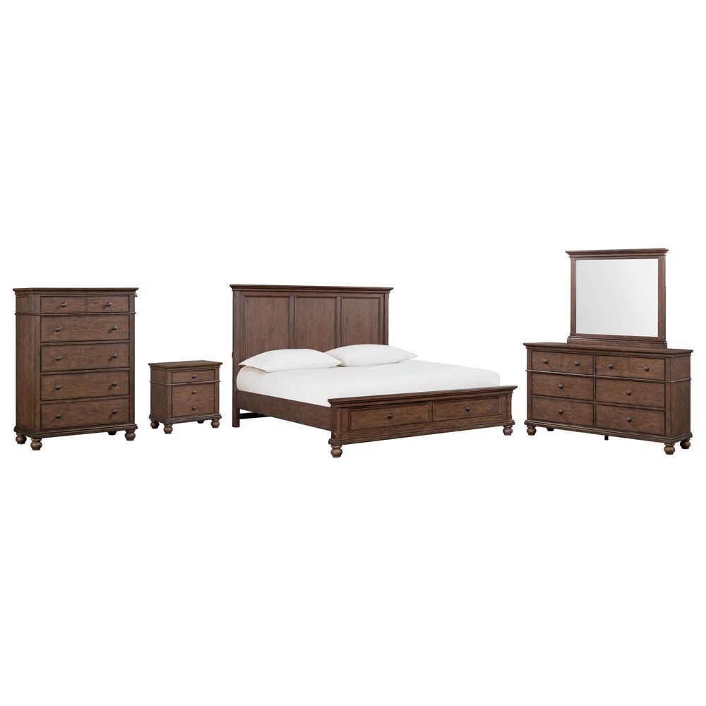 Riva Ridge Oxford 5 Piece King Panel Storage Bedroom Set in Cocoa with AC Outlets and USB Ports, , large